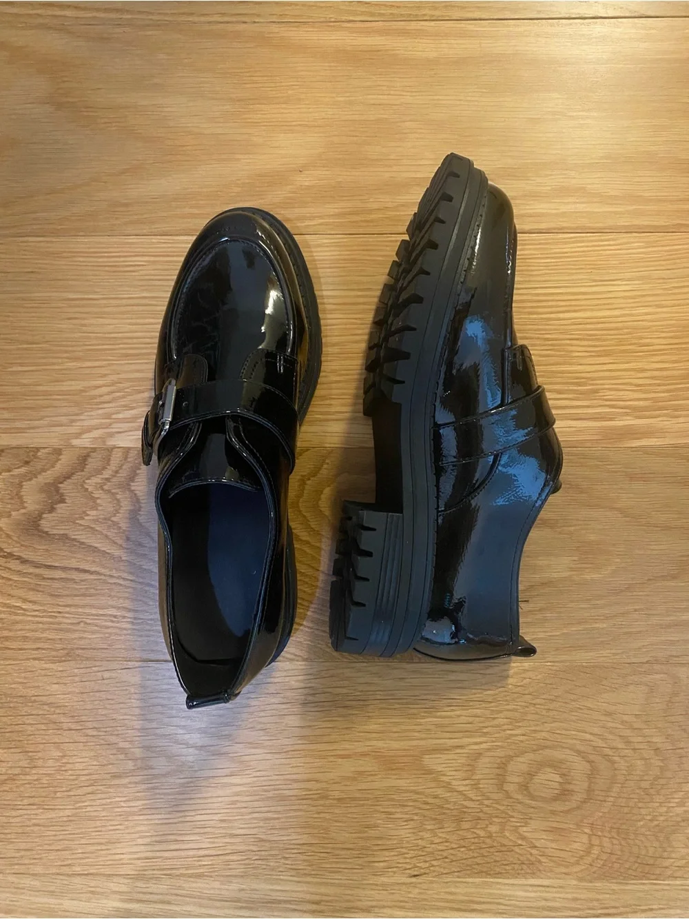 Womens Calvin Klein Black Patent Leather Monk Strap Loafers